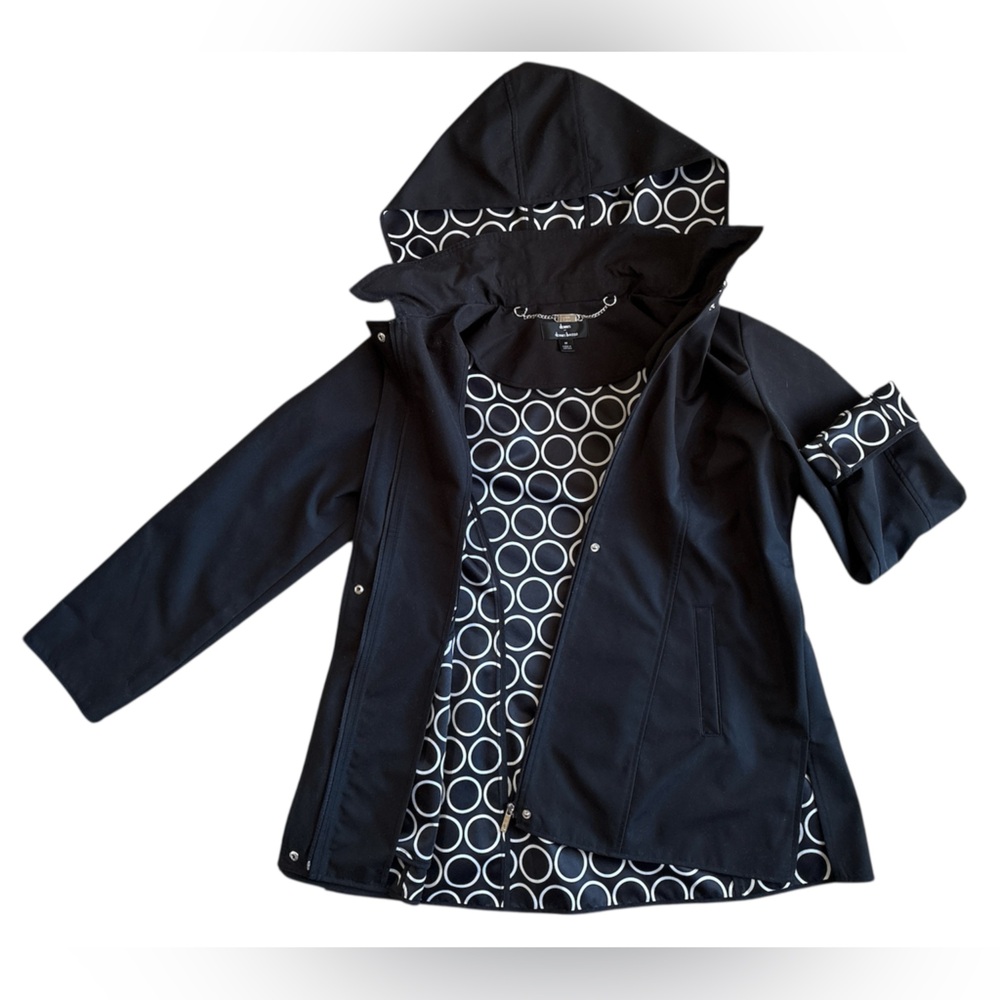 Dennis Basso Black Det Hood Rain Jacket Women’s Med Circle Print Lined Coat EUC
